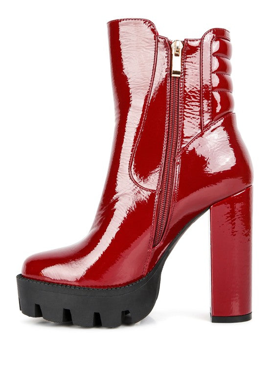 High Key Collared Patent High Heeled Ankle Boot