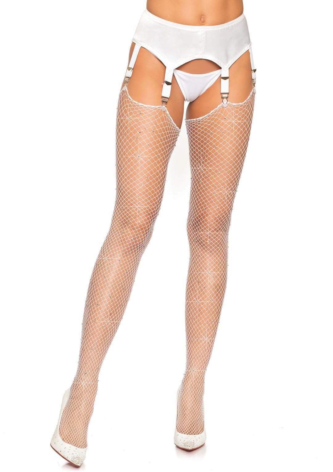 Rhinestone Fishnet Stockings - One Size - White LA-9124WHT