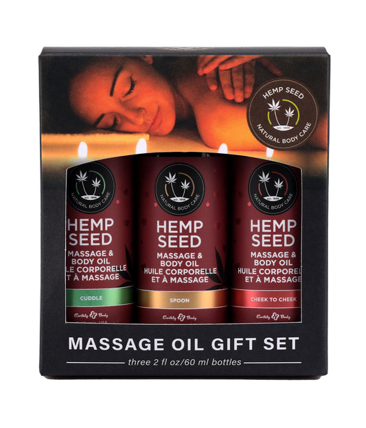 Hemp Seed Massage Oil Trio Gift Set - Cuddle /  Cheek to Cheek / Spoon - 2 Oz EB-MASGV223