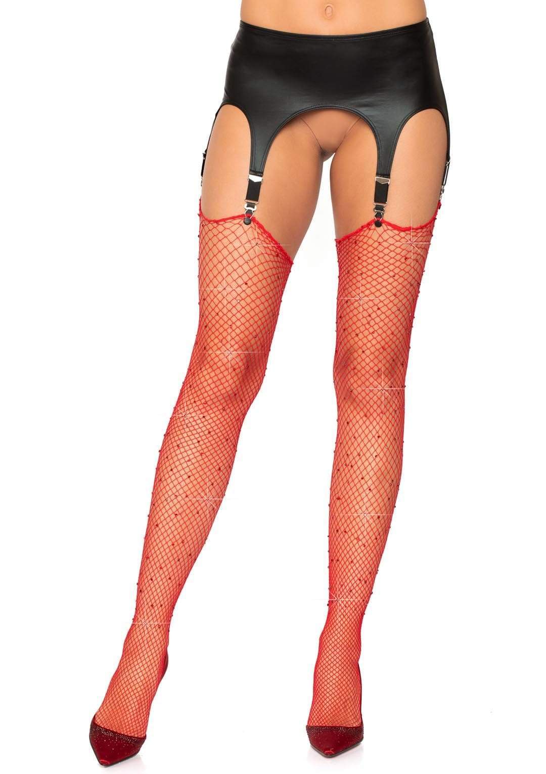 Rhinestone Fishnet Stockings - One Size - Red LA-9124RD